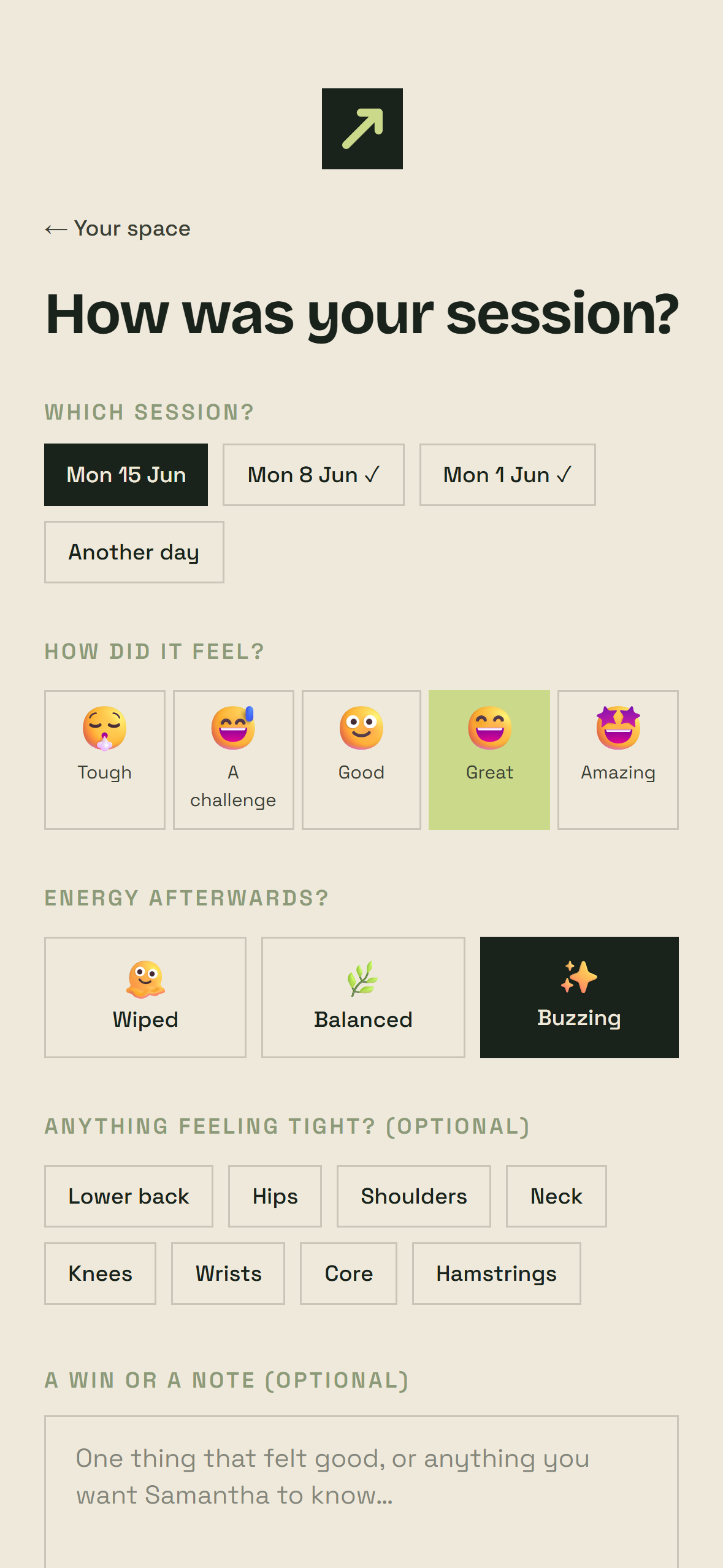 The companion app's session log — tapping how a reformer session felt, with energy and body check-in.