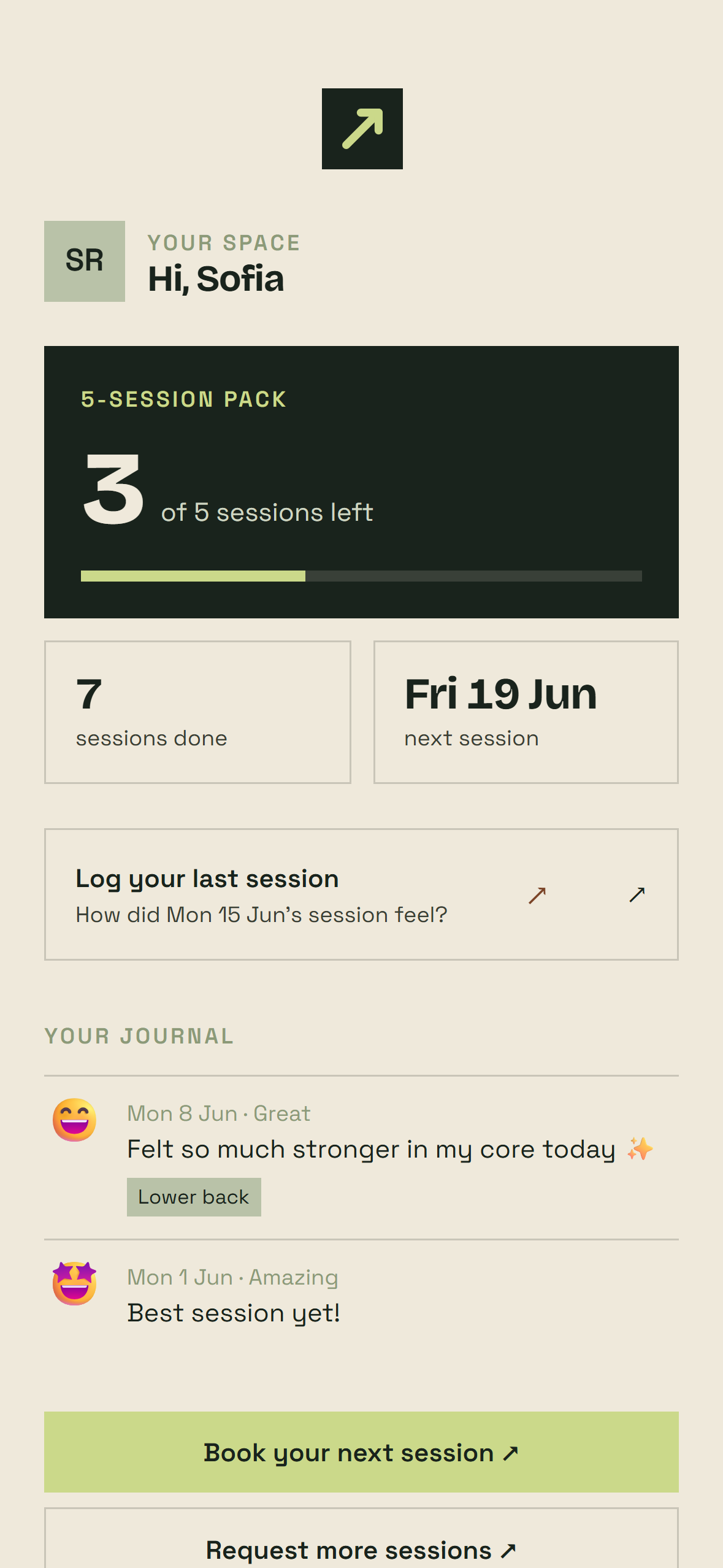 The companion app home — a client's session block card showing 3 of 5 sessions left, with their progress journal below.